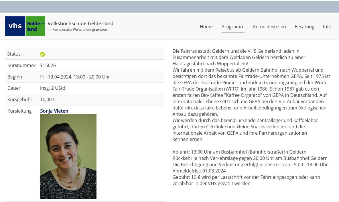 Screenshot VHS Halbtagesfahrt zum Fairtrade-Unternehmen GEPA nach Wuppertal